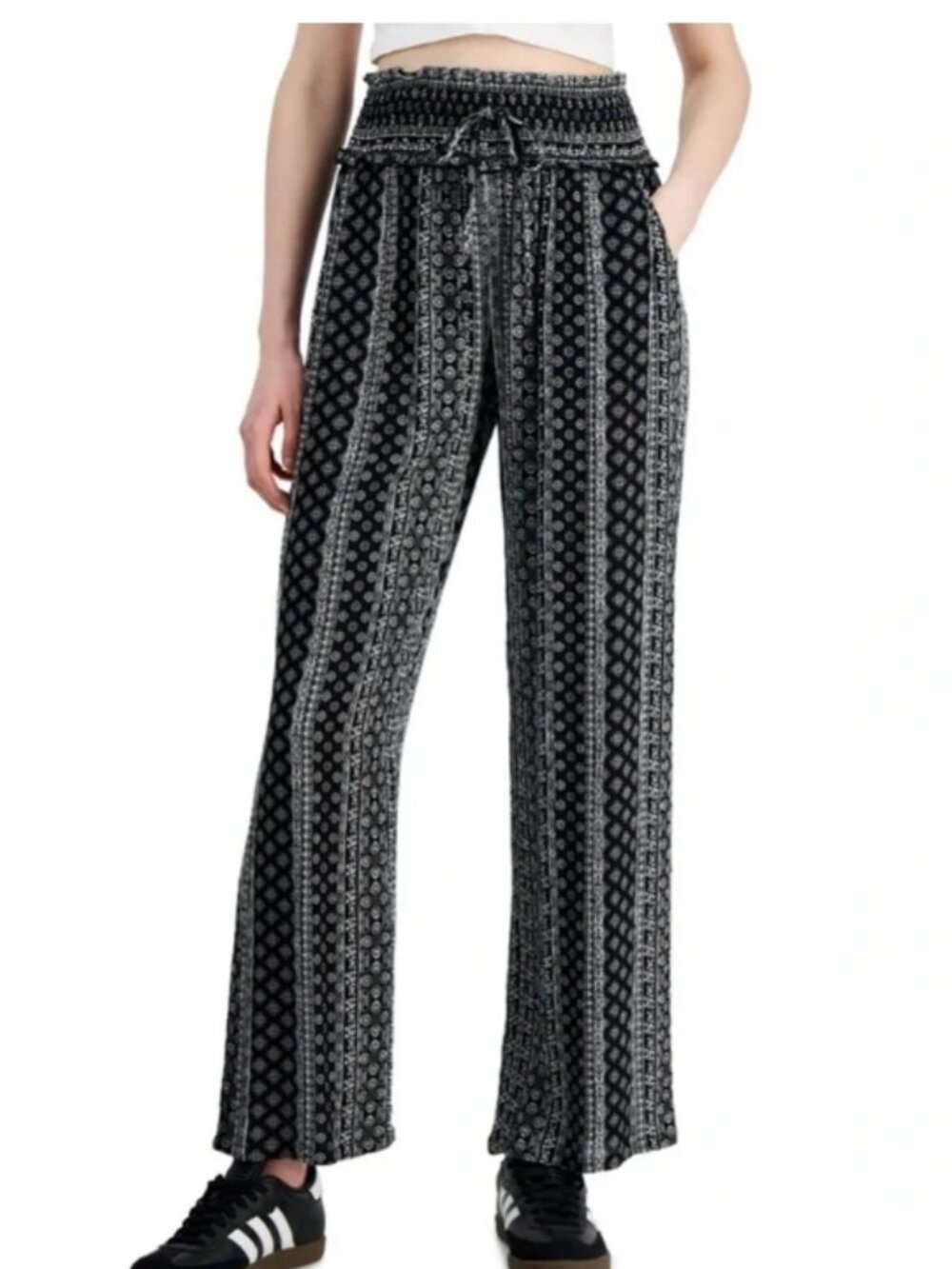 Black & White Patterned Stretchy Smocked Waist Pants (S) Boho Y2K Flower Child